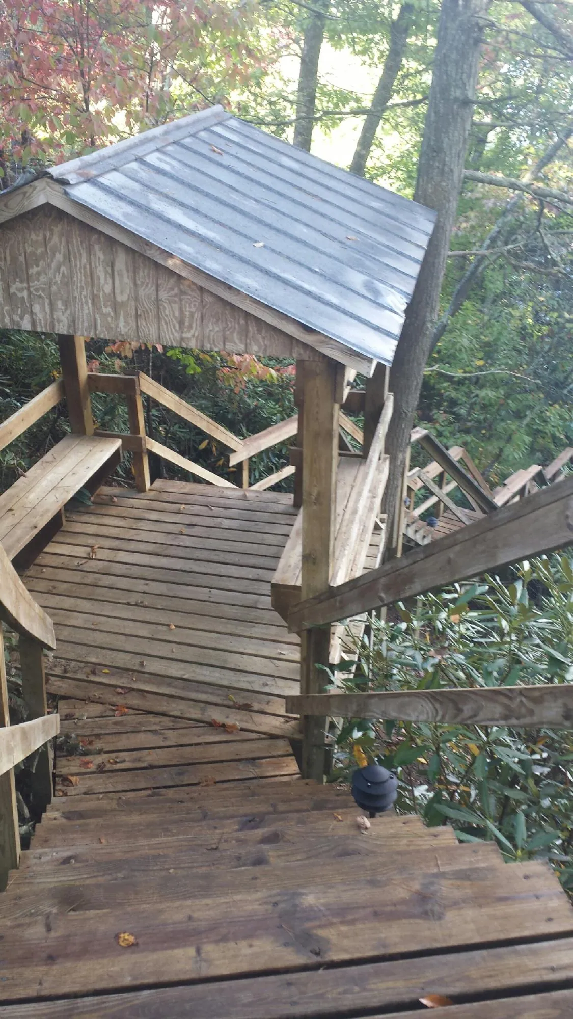 Metal roofed shelter over wooden steps on a wooded walkway — Skylight Repair & Installation work by our crew in Placentia